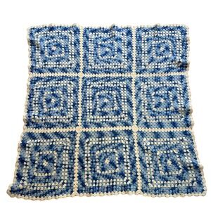 Handmade Granny Square Crochet Blanket Throw Blue Cream Cozy Home Decor 46x45"